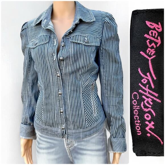 Betsey Johnson Pinstripe Denim Jean Corset Skull Jacket Collection USA Made 10 - Picture 1 of 9